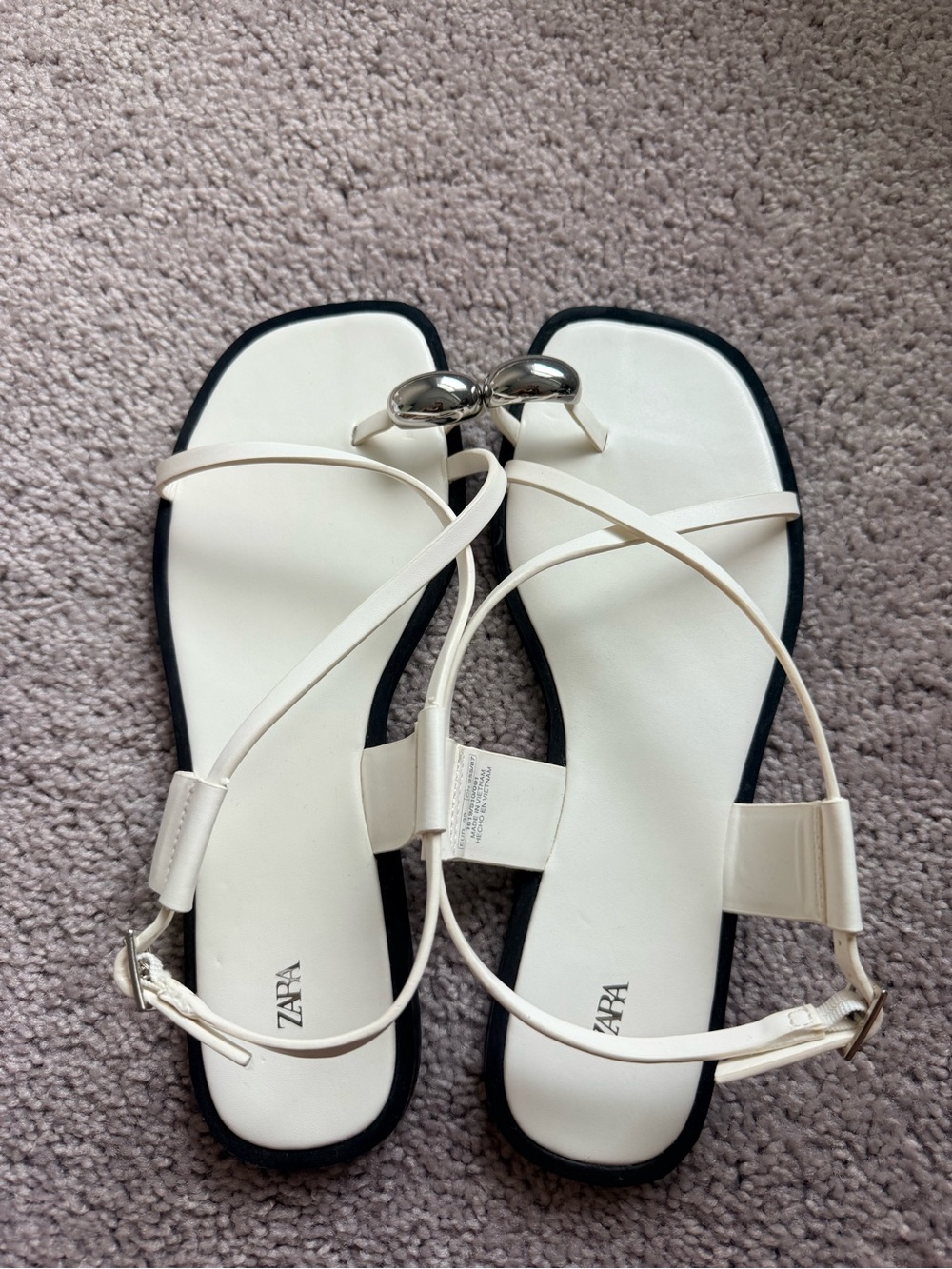 Zara White Strappy Square-Toe Sandals with Silver Accent